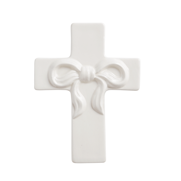 WHITE CERAMIC CROSS WITH BOW IN MIDDLE ON WHITE BACKGROUND