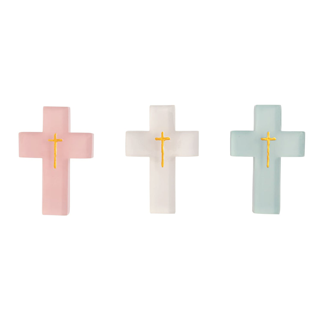 Pastel resin cross décor available in pink, white, and blue with gold cross accent