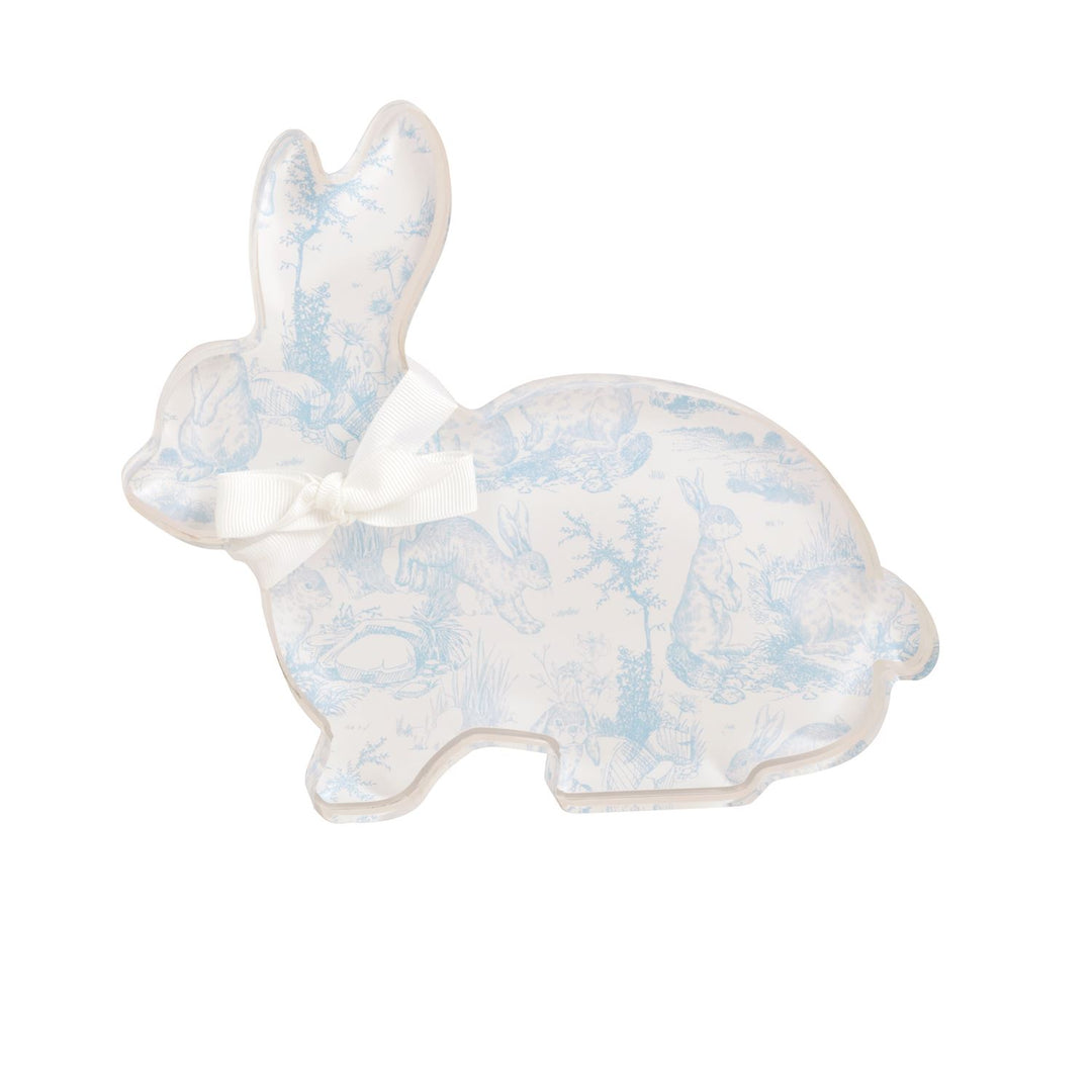Blue and white toile bunny-shaped acrylic decor with white bow accent