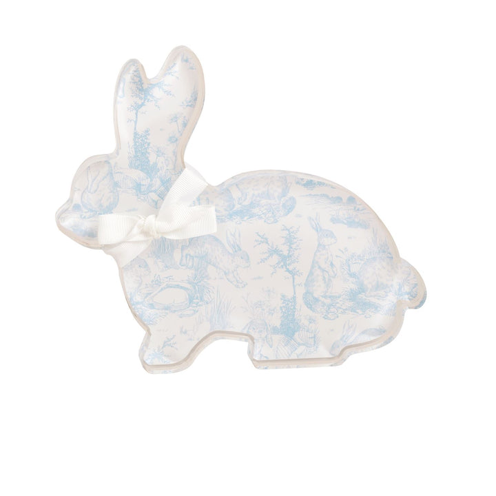 Blue and white toile bunny-shaped acrylic decor with white bow accent