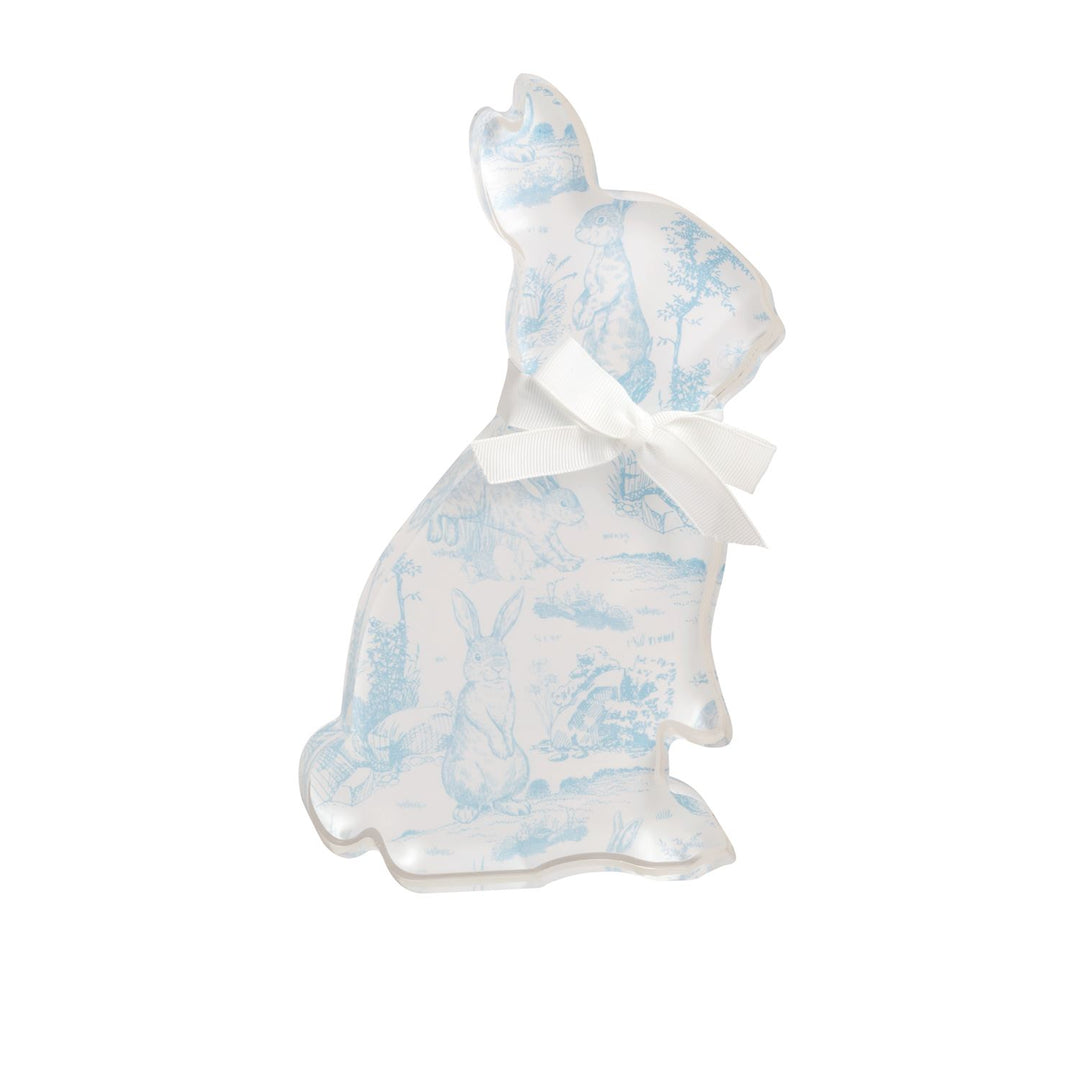 Blue and white toile bunny-shaped acrylic tray with white bow detail