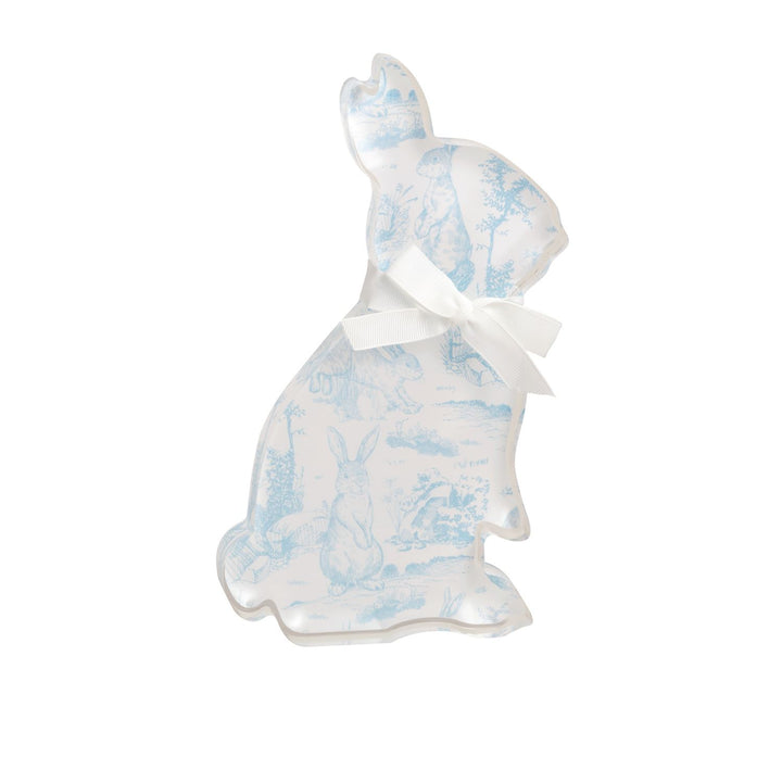 Blue and white toile bunny-shaped acrylic tray with white bow detail