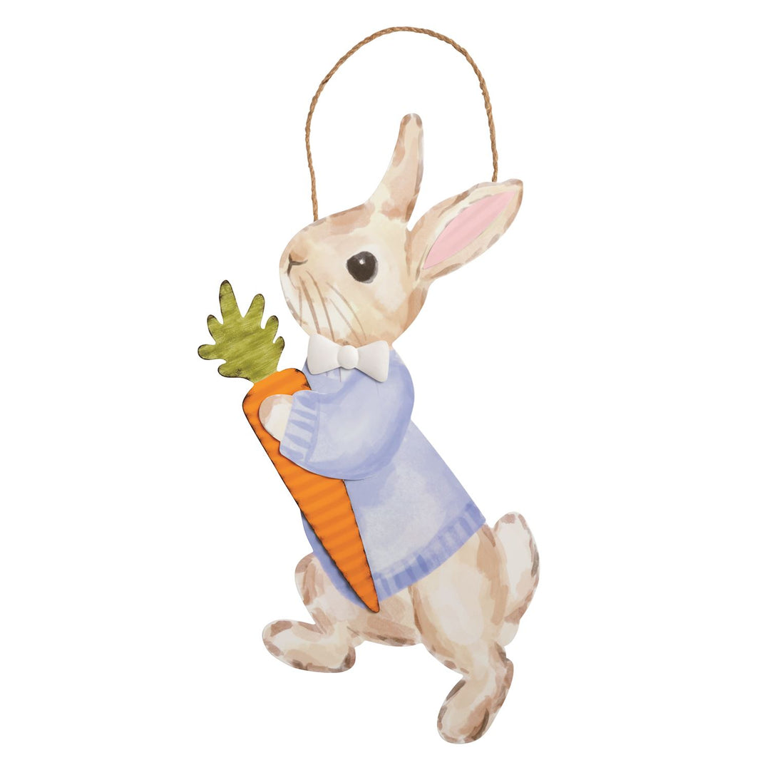 Easter bunny door hanger featuring watercolor rabbit in blue sweater holding carrot, with jute hanging loop