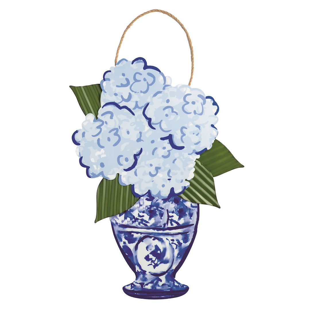 Blue hydrangea floral door hanger featuring chinoiserie ginger jar design with green leaves and jute hanging loop