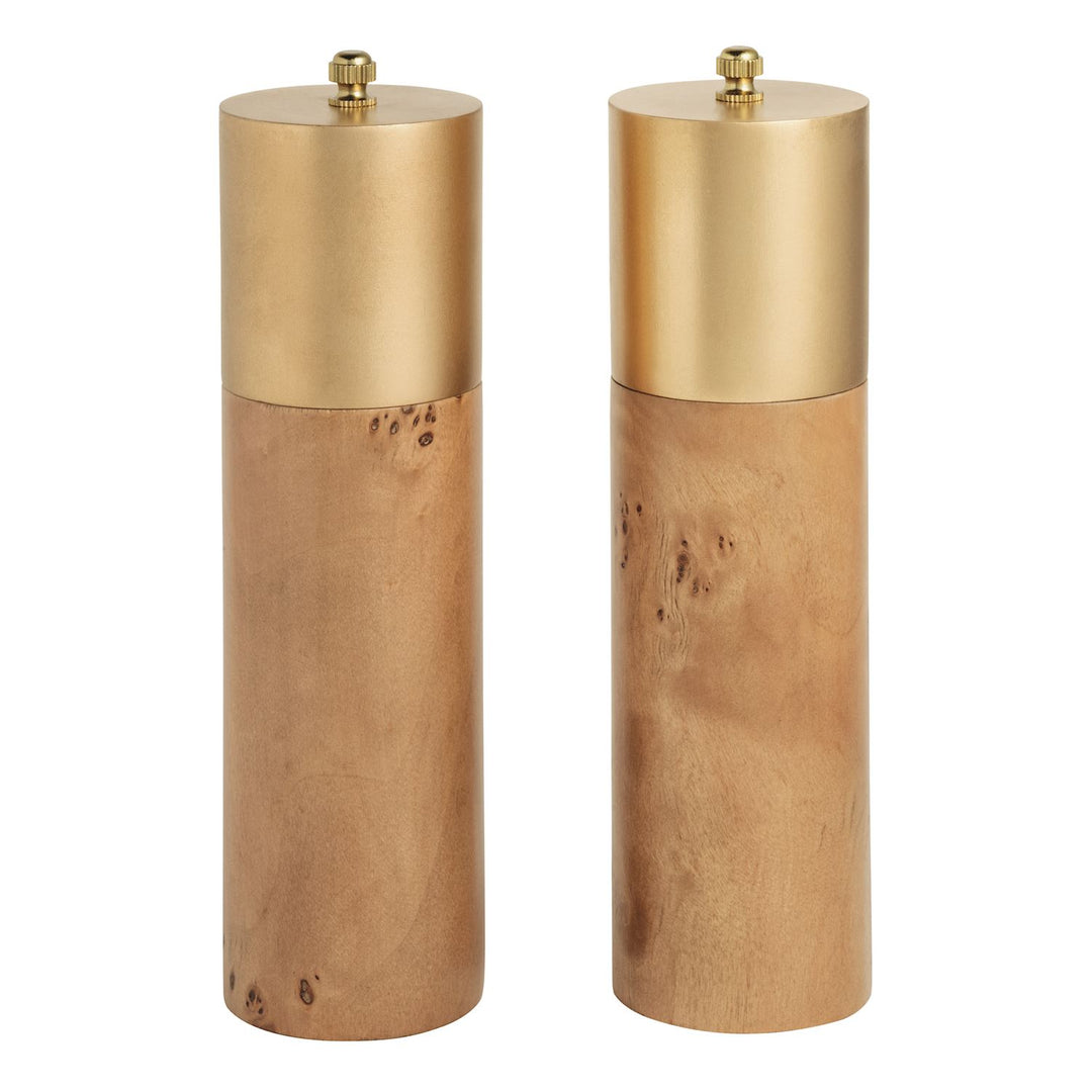 BURL WOOD & BRASS SALT & PEPPER GRINDER SET