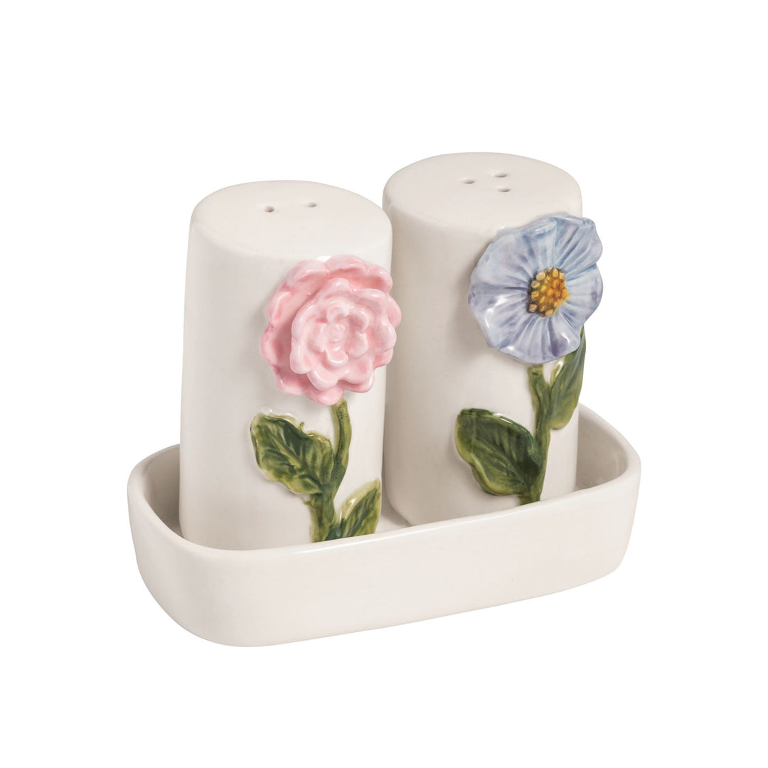 White ceramic floral salt and pepper shaker set with pink rose and blue flower appliqué design, includes coordinating tray
