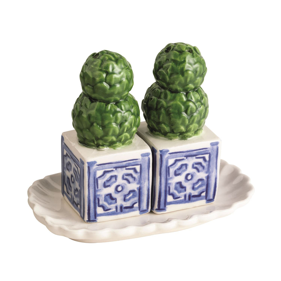 Blue and white chinoiserie topiary salt and pepper shaker set with green double-ball topiary design on decorative cube bases, includes scalloped tray