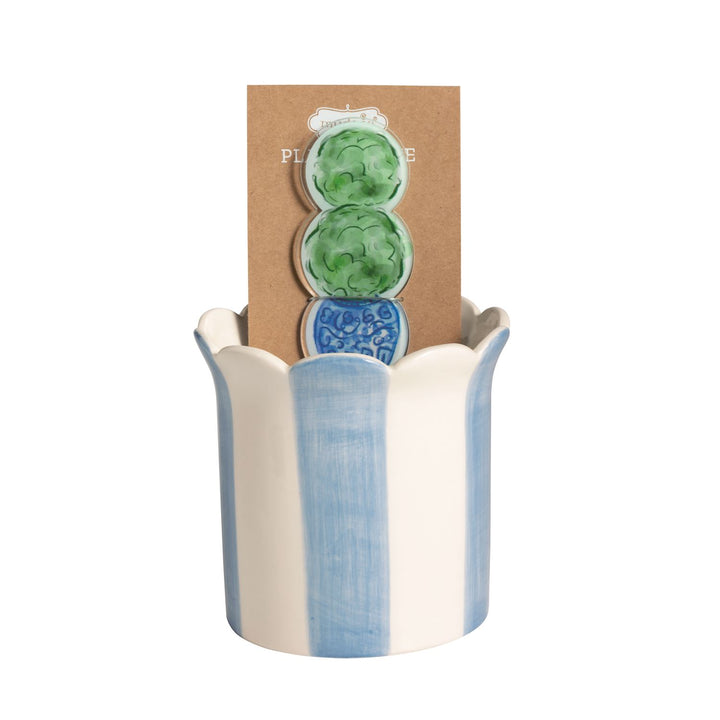 Blue and white striped ceramic scalloped planter with hand-painted finish, includes decorative chinoiserie topiary garden stake