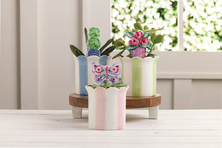 BLUE STRIPED POT WITH TOPIARY PLANT STAKE