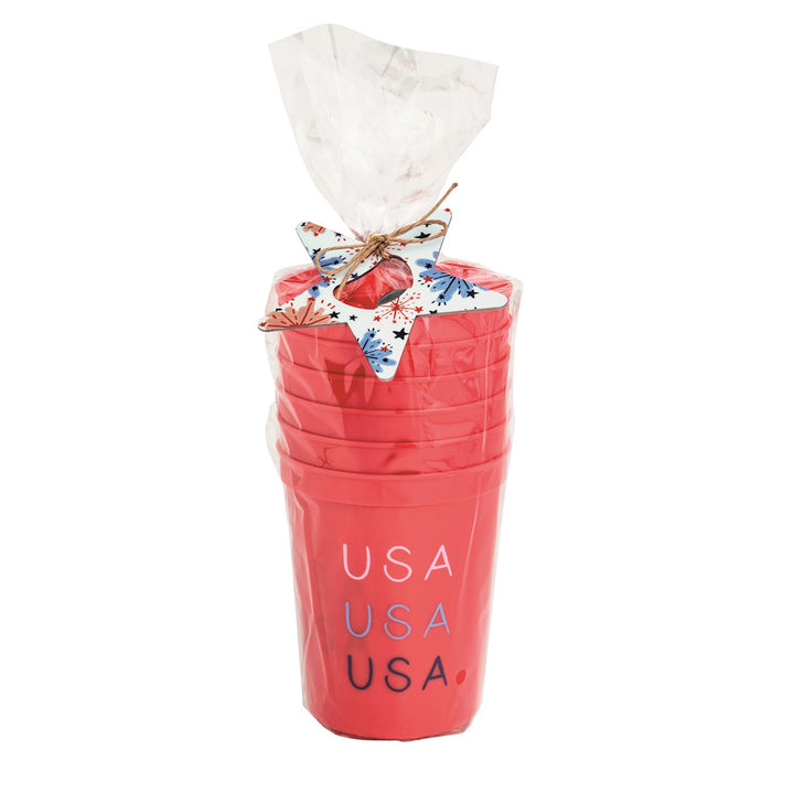 Red reusable party cup set with “USA” lettering in red, white, and blue, wrapped in cello with patriotic star gift tag