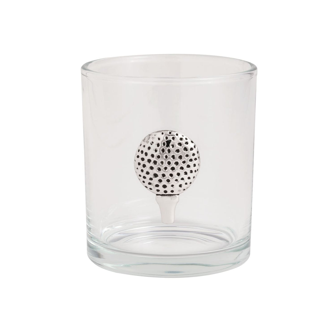 Clear glass whiskey tumbler with silver golf ball and tee figurine accent