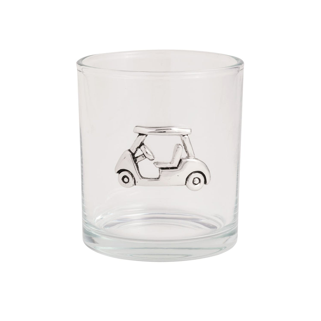 Clear glass whiskey tumbler with silver golf cart figurine accent