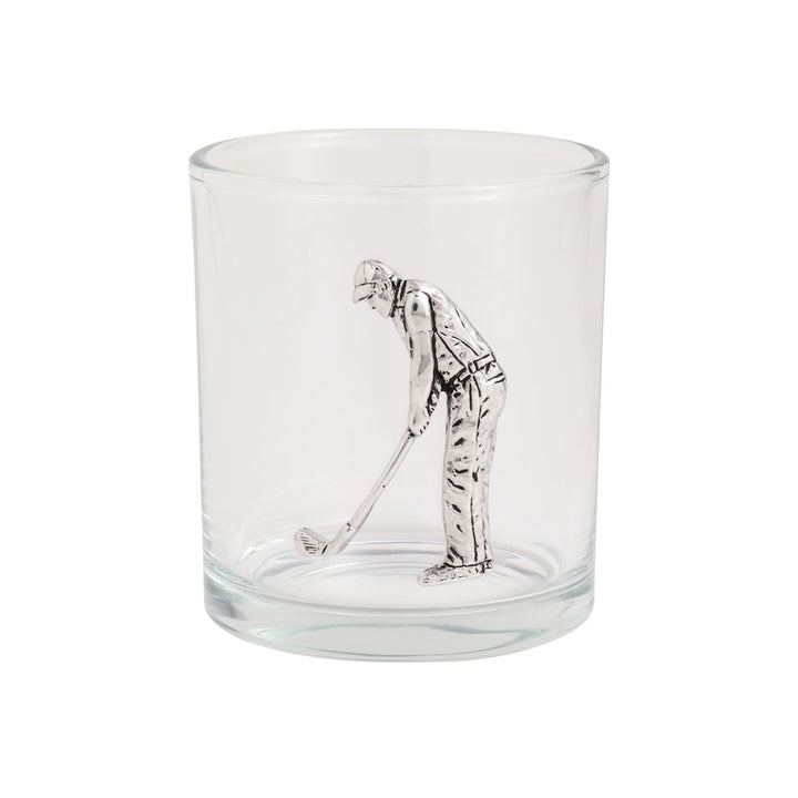 Clear glass whiskey tumbler featuring a detailed silver golf player figurine accent