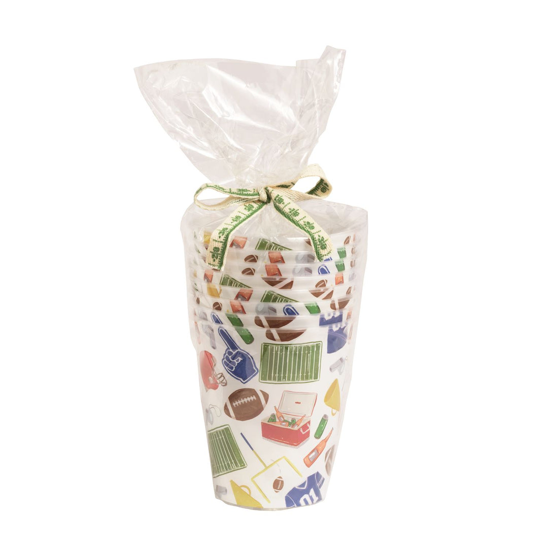 Colorful apron with football illustrations in a clear plastic bag on a white background
