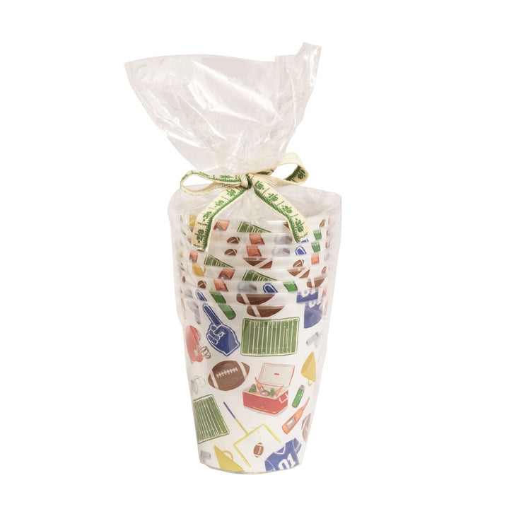 Colorful apron with football illustrations in a clear plastic bag on a white background