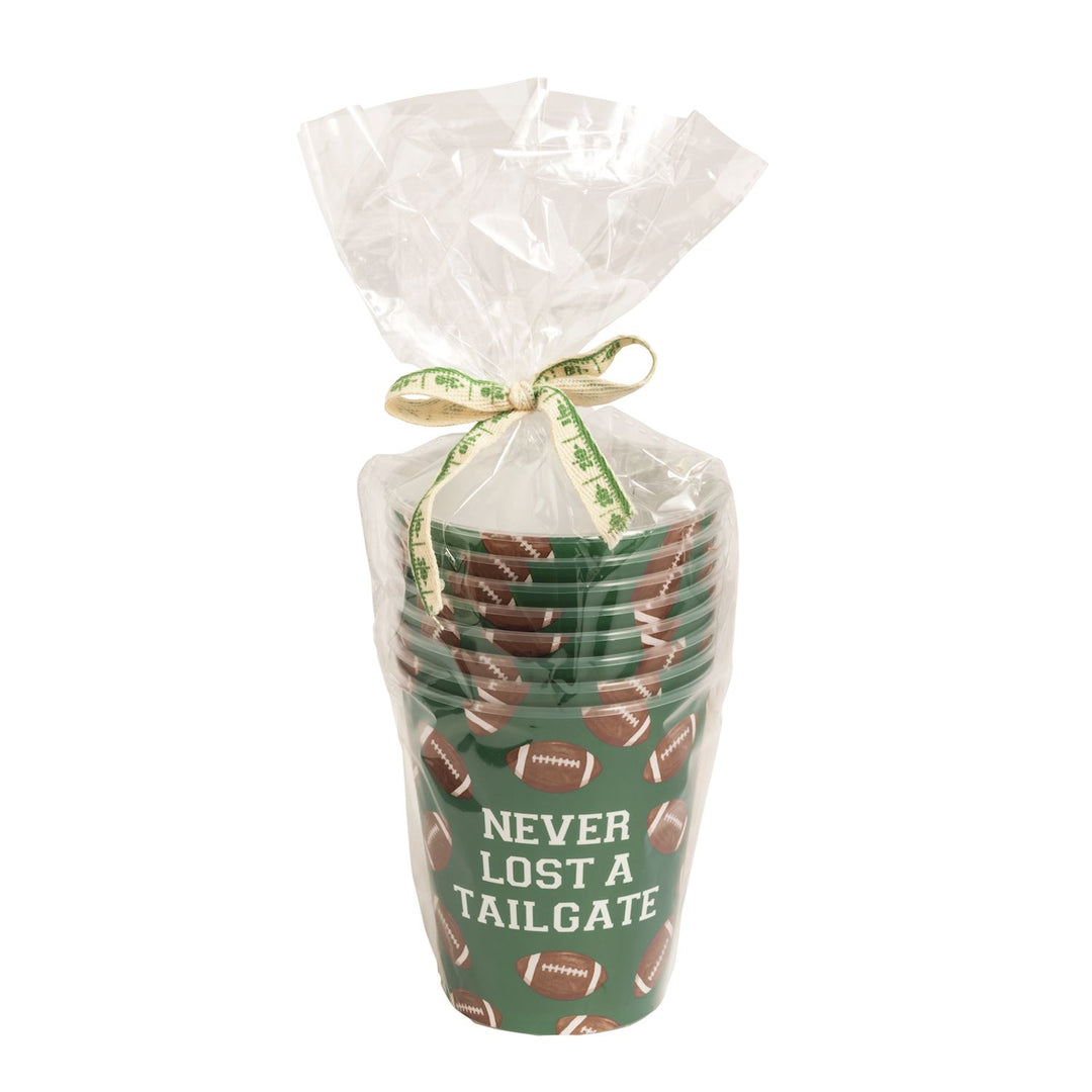 NEVER LOST A TAILGATE FOOTBALL PATTERN GREEN PARTY CUP SET