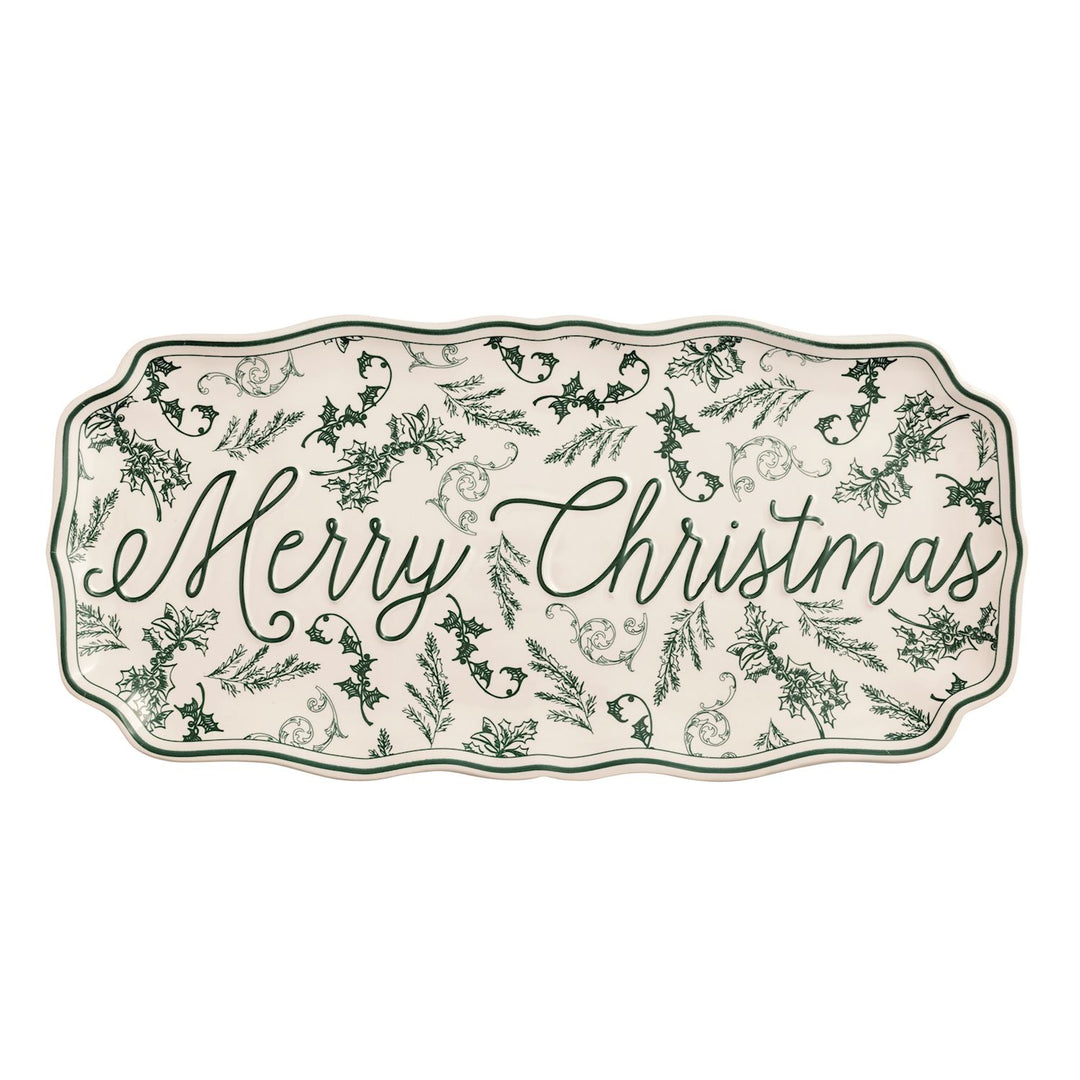 Stoneware toile tray with hand-painted rim detail.