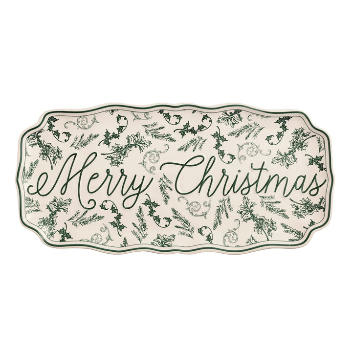 Stoneware toile tray with hand-painted rim detail.