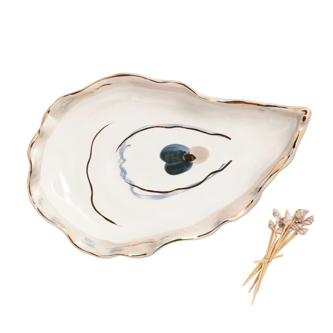 oyster-shaped ceramic serving platter with gold trim detailing and coastal oyster illustration, includes shell-topped appetizer picks