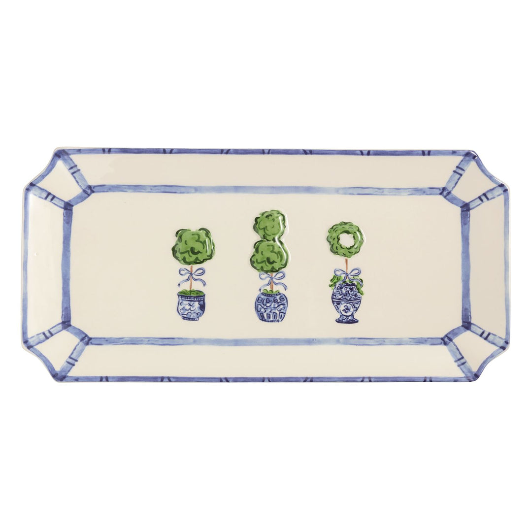 Blue and white rectangular serving platter with hand-painted chinoiserie topiary trees in decorative ginger jars and geometric border trim