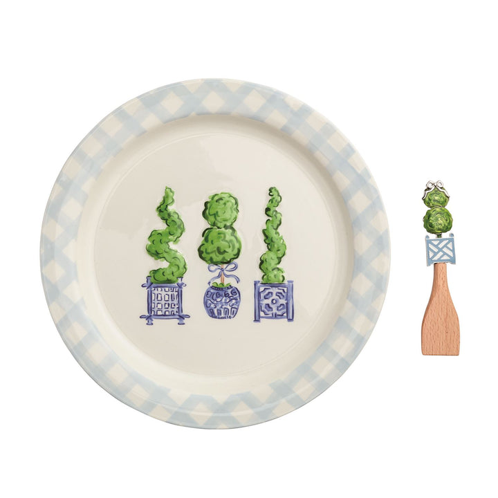 Blue and white gingham rim dinner plate featuring three hand-painted green topiary trees in chinoiserie-style blue planters with coordinating wooden spreader