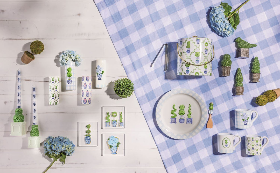 TOPIARY BLUE GINGHAM EDGE ROUND PLATTER SET