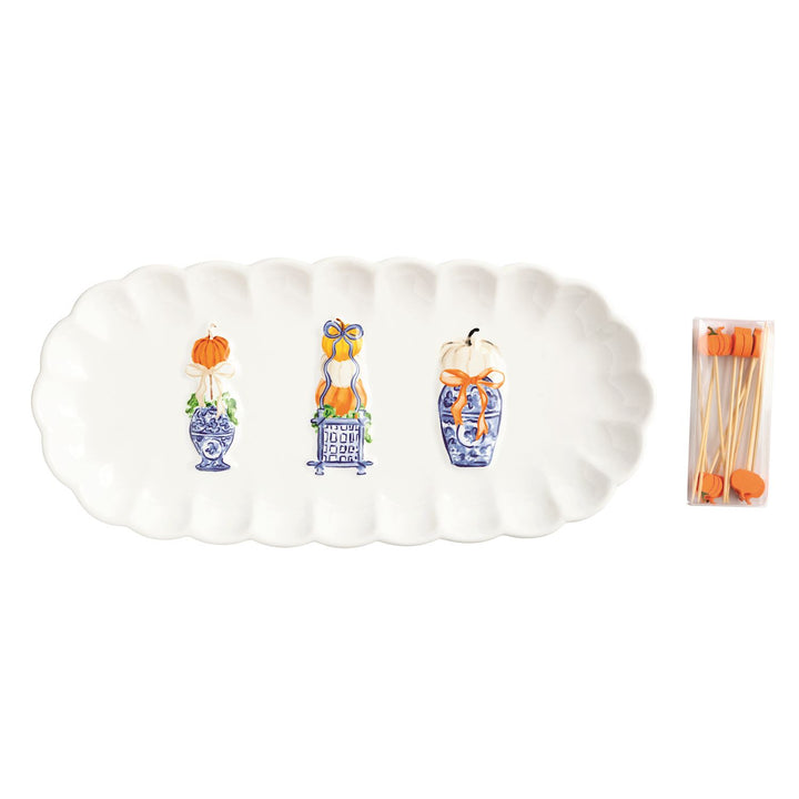CHINOISERIE PUMPKIN TOPIARY TRAY & TOOTHPICK SET