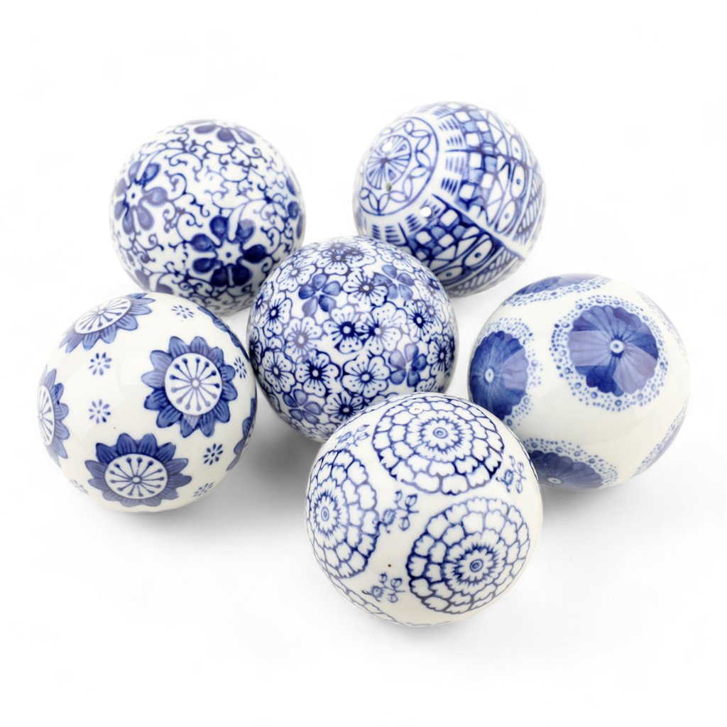BLUE & WHITE BALL DECOR SET/6, 3"