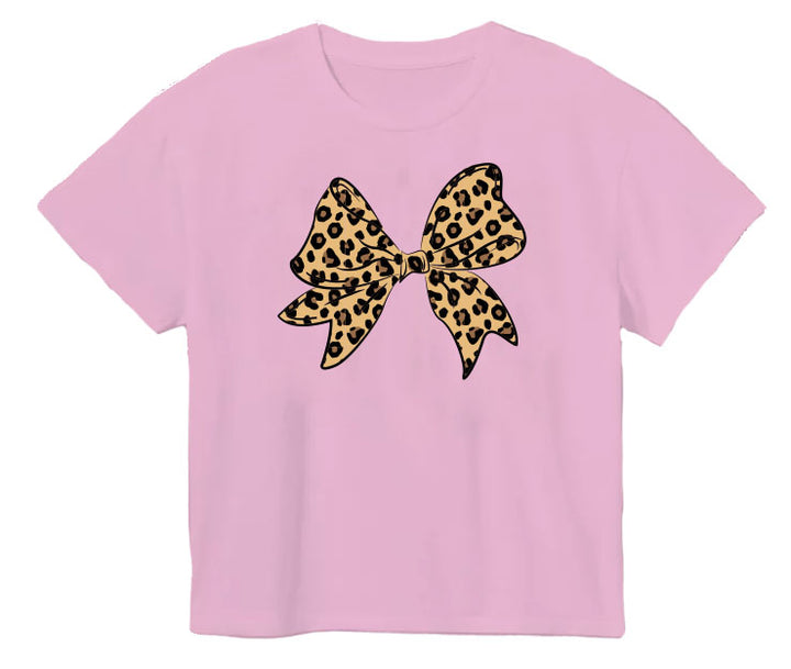 PINK GIRLS T-SHIRT WITH A SEQUIN LEOPARD BOW