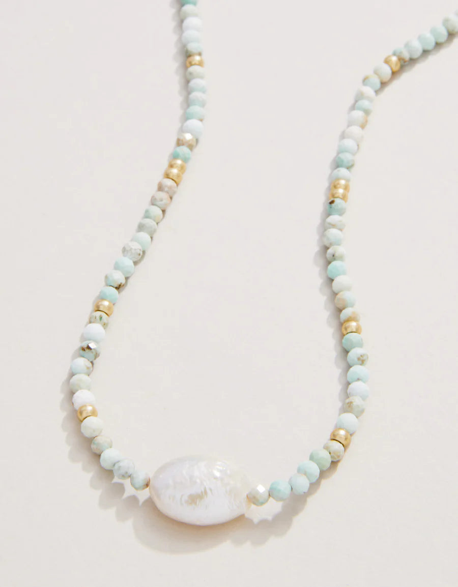 HARMONY BEADED NECKLACE 17" LIGHT TURQUOISE/PEARL