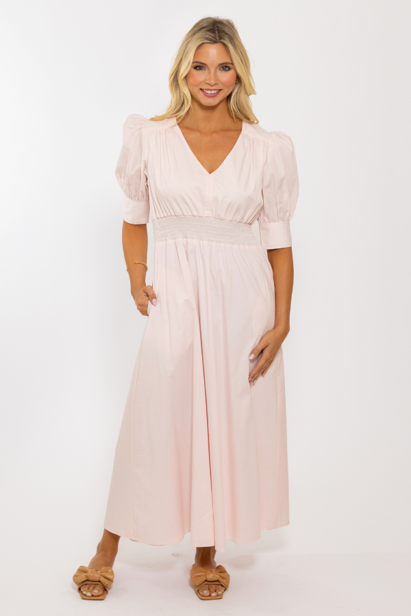 KARLIE: BLUSH POPLIN VNECK DRESS