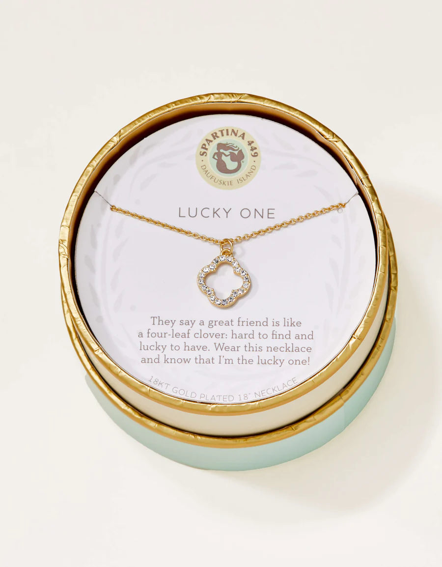 Spartina 449 Lucky One 18k gold plated clover necklace with crystal accents in aqua and gold round gift box | walker boutique