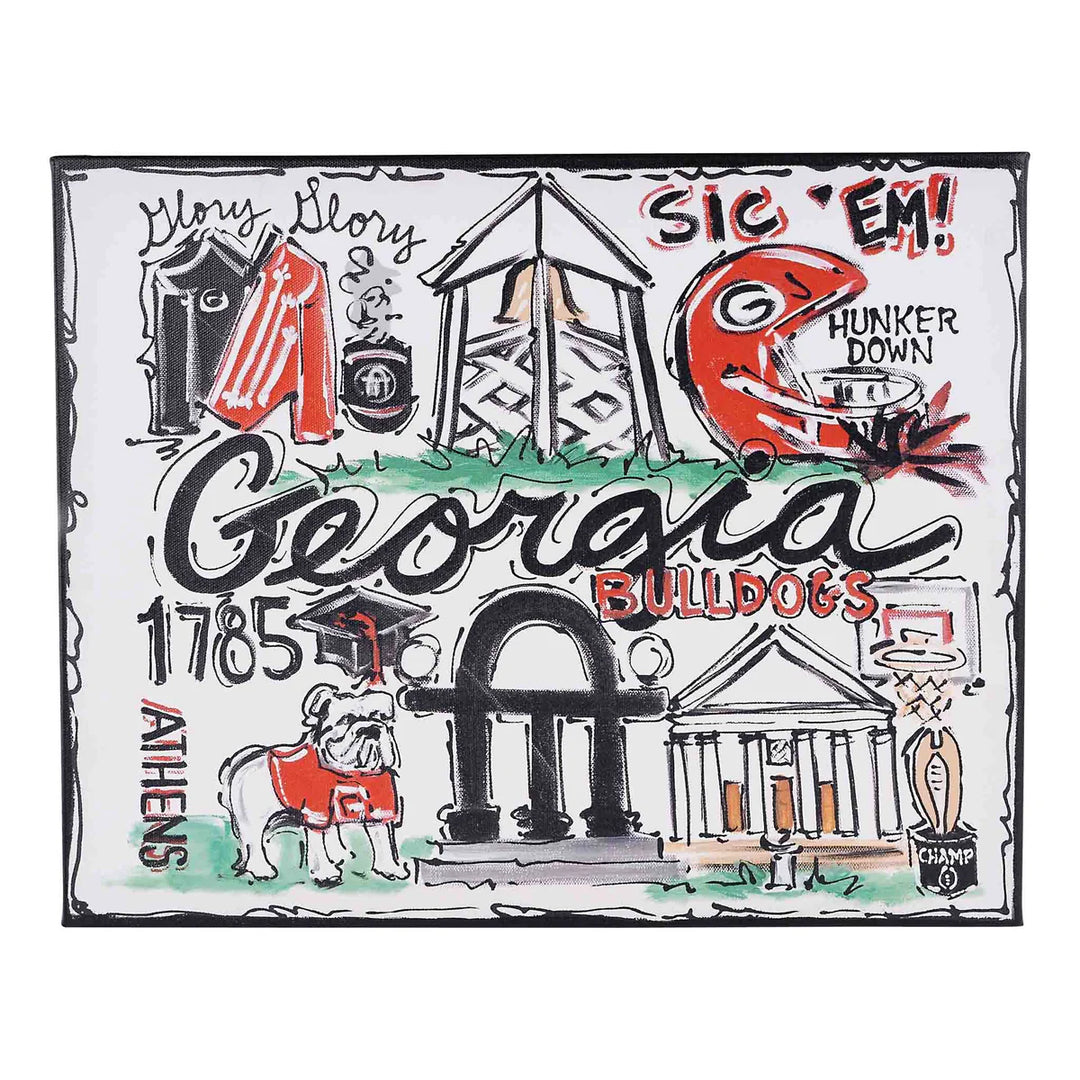Georgia Bulldogs artwork featuring iconic UGA landmarks, mascot, helmet, and school spirit designs | Walker Boutique