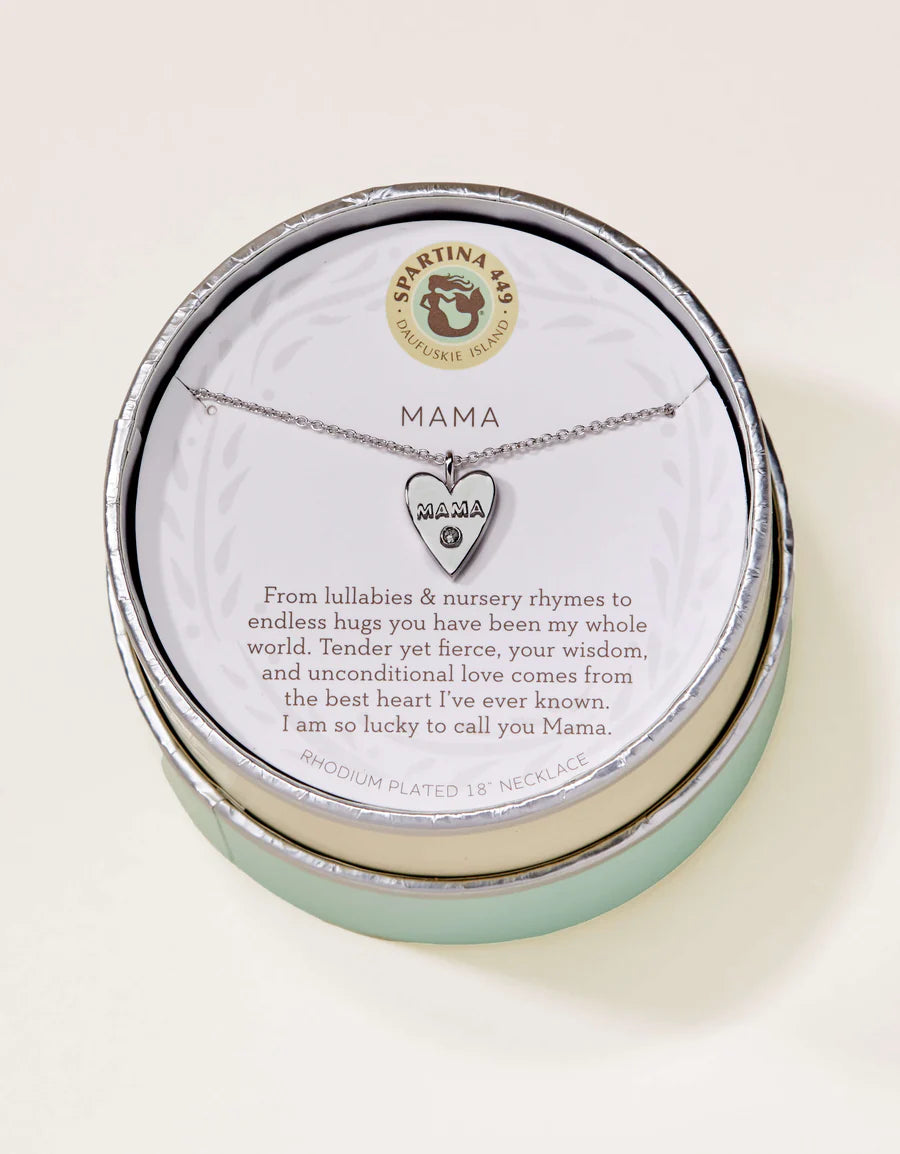 Spartina 449 Mama rhodium plated heart necklace with crystal accent in aqua and silver round gift box | walker boutique