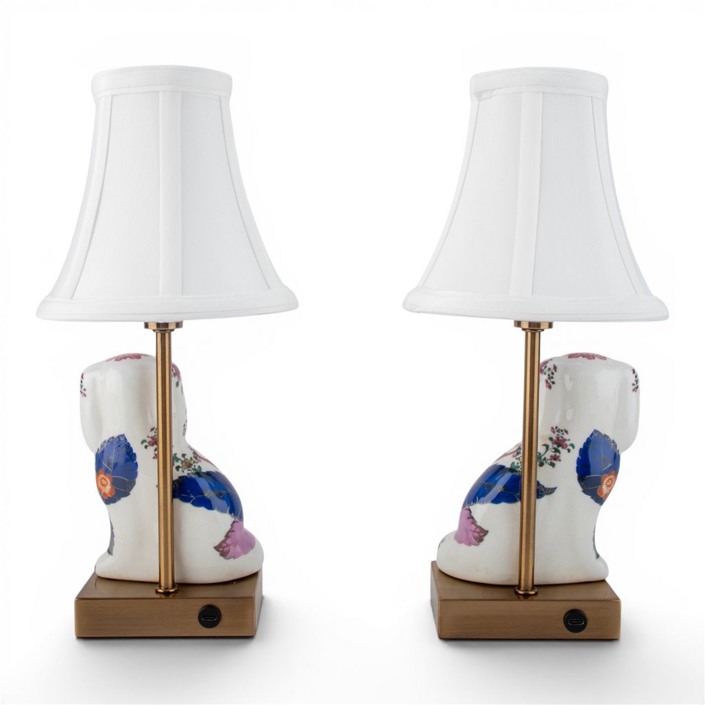 Pair of floral ceramic dog table lamps with white shades shown from the back | Walker Boutique