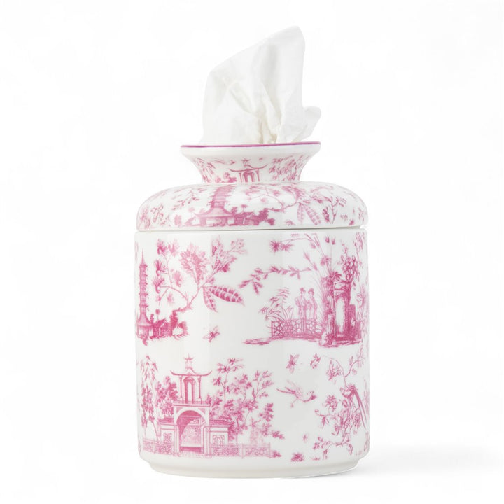 PINK TOILE ROUND TISSUE BOX