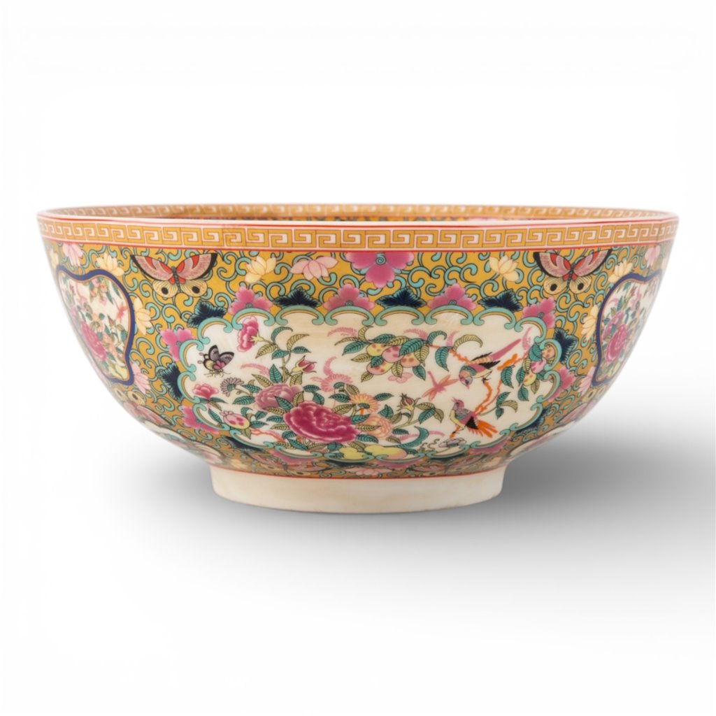 A decorative ceramic bowl featuring a colorful, intricate hand-painted floral and bird pattern on a yellow and green background, set against a plain white studio background.