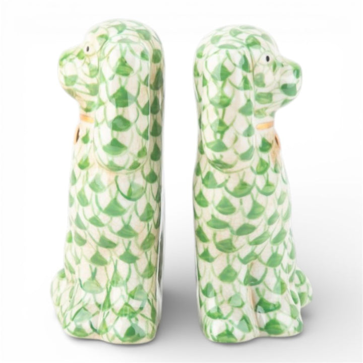 GREEN FISHNET STAFFORDSHIRE SMALL DOG PAIR