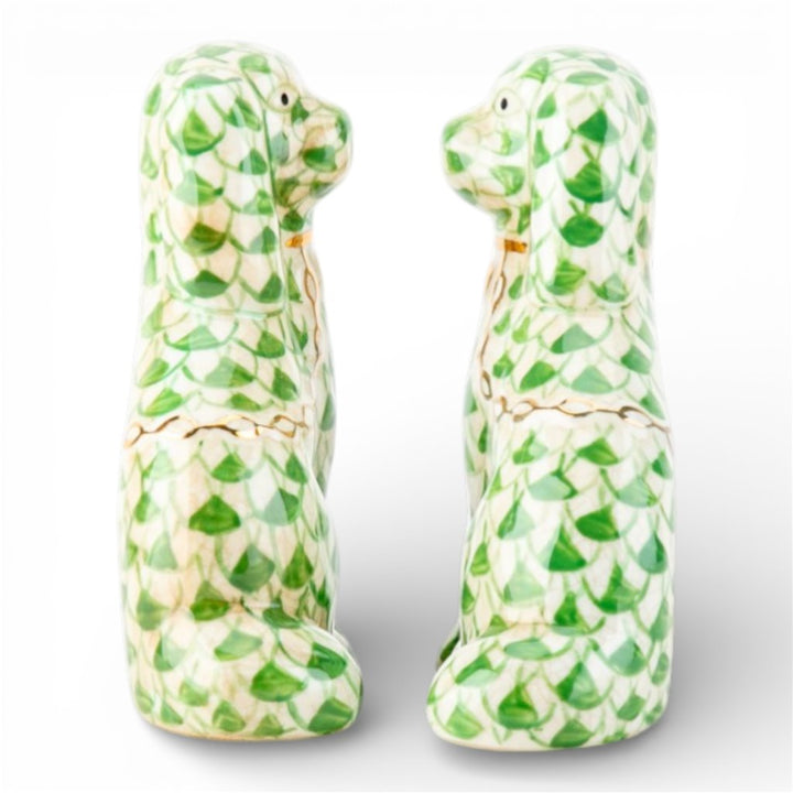 GREEN FISHNET STAFFORDSHIRE SMALL DOG PAIR