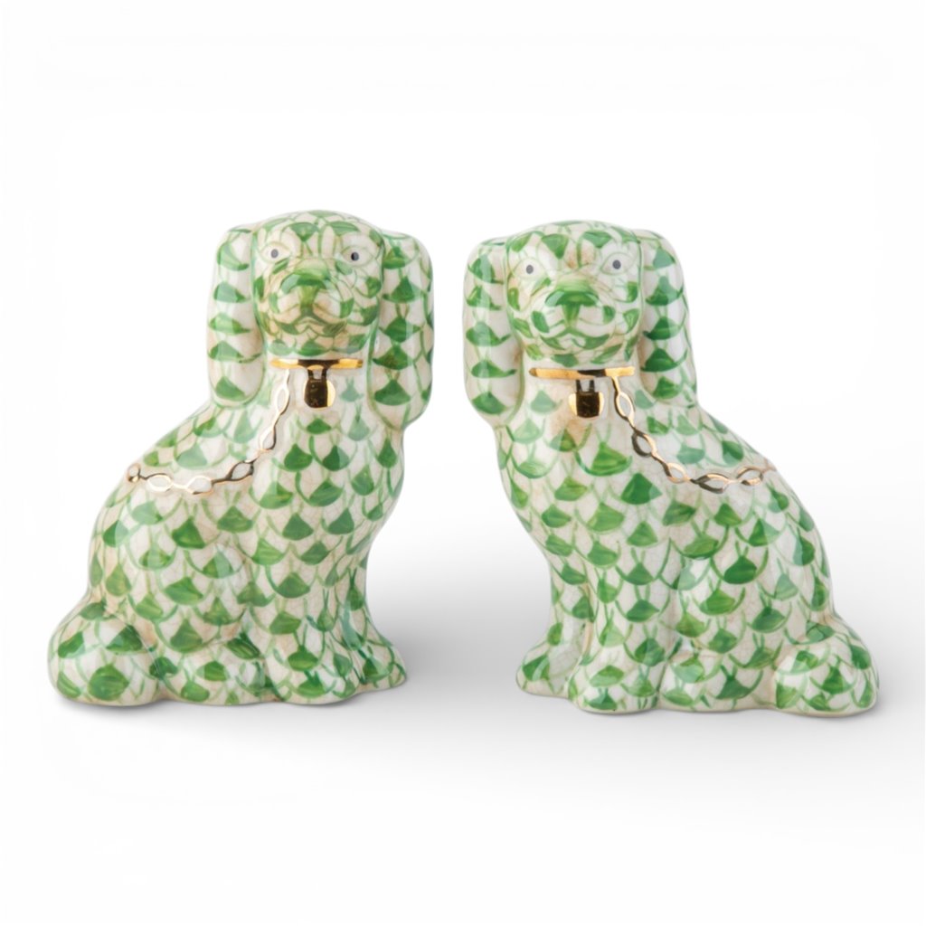 GREEN FISHNET STAFFORDSHIRE SMALL DOG PAIR