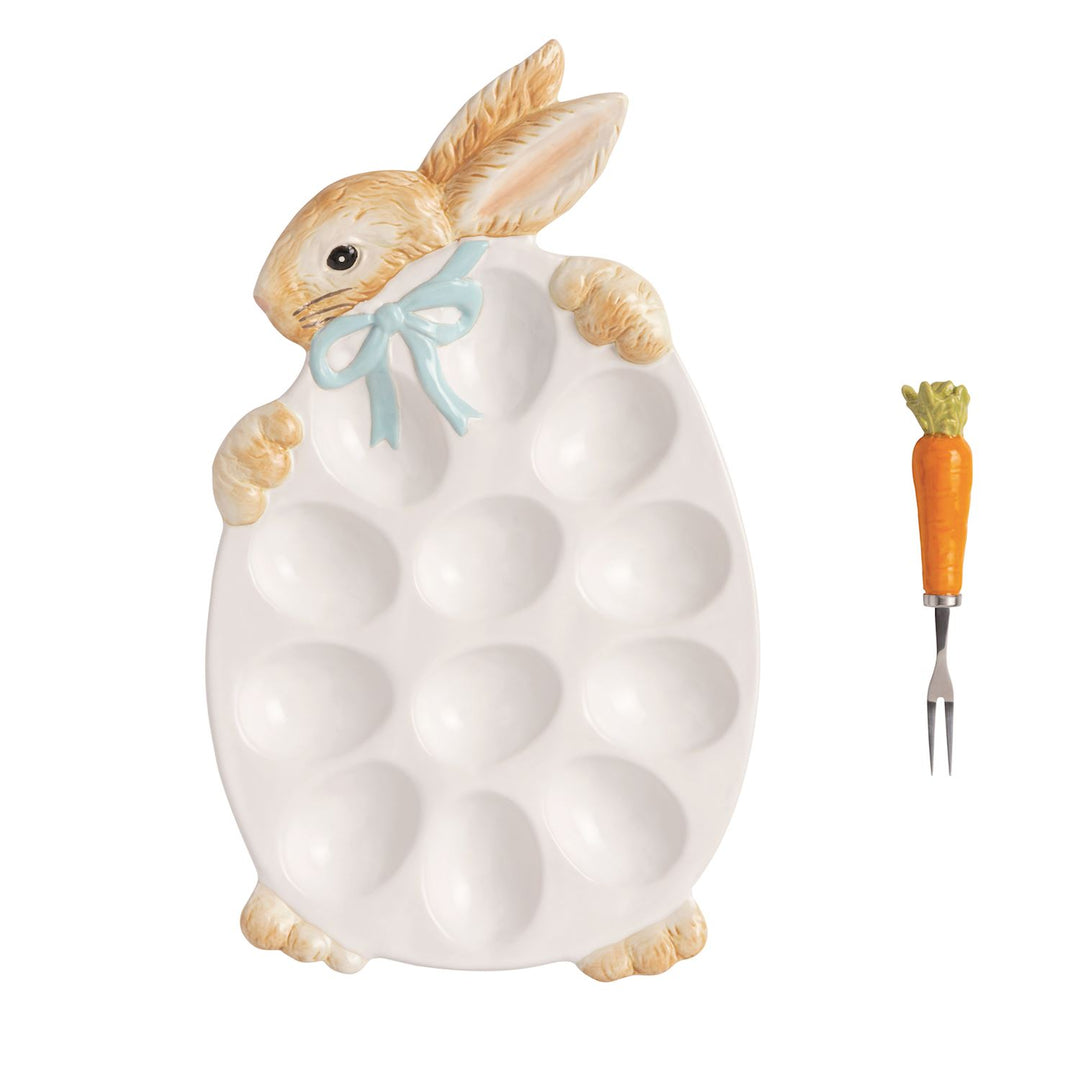 White ceramic bunny-shaped deviled egg platter with individual egg wells, perfect for Easter hosting and spring entertaining.