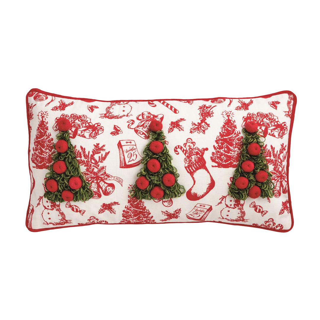 Toile cotton pillow features dimensional looped yarn trees, piped edge and tartan backing. Zipper closure.