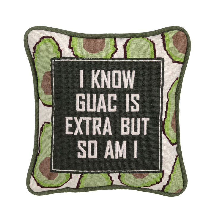 GREEN AND OLIVE GUAC IS EXTRA AVOCADO NEEDLEPOINT PILLOW