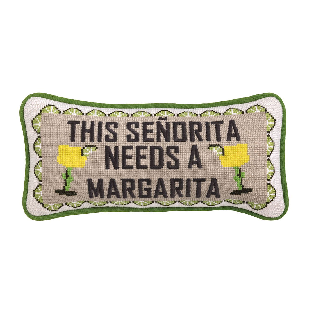 GREEN AND BEIGE SENORITA MARGARITA NEEDLEPOINT PILLOW