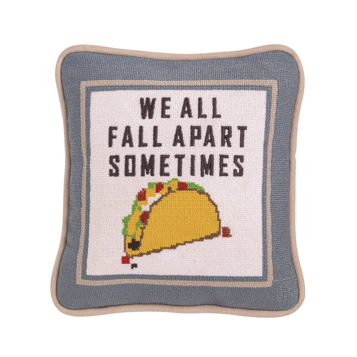GRAY AND WHITE FALL APART TACO NEEDLEPOINT PILLOW