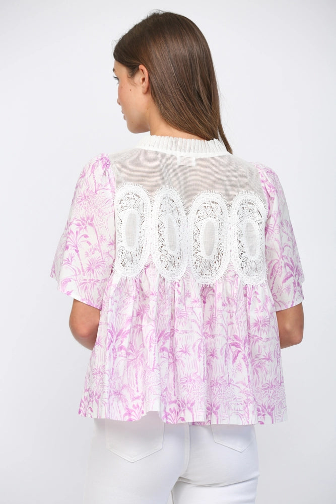 Woman wearing delicate floral appliqué details create a romantic and feminine silhouette.
Lightweight mesh fabric ensures breathability, making it ideal for layering or wearing solo. On white background  - view from back 