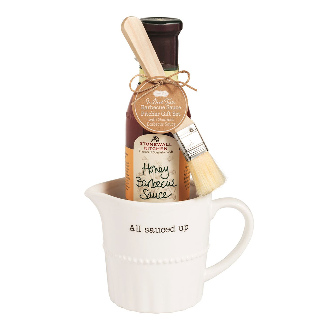 textured ceramic barbecue sauce pitcher comes with wooden basting brush and Stonewall Kitchen Honey Barbecue Sauce.
