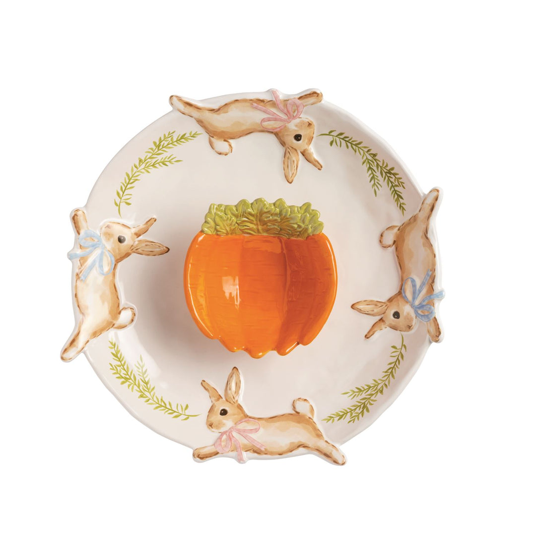 Glazed stoneware bunny chip server. Comes with hand-painted carrot dip bowl.