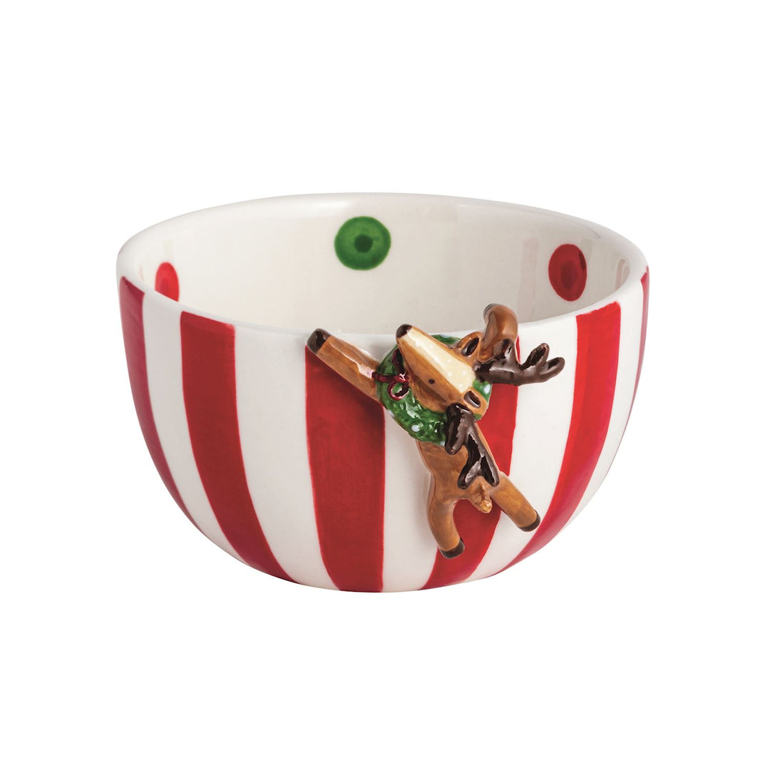 Hand-painted stoneware tidbit bowl with hanging character attachment.