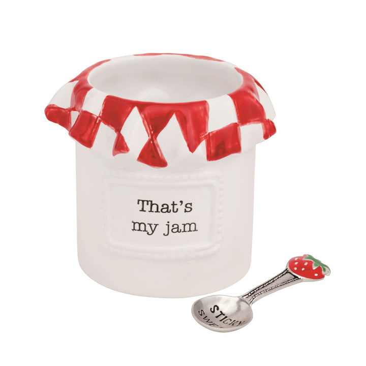 Ceramic jam jar features debossed sentiment with silver spoon